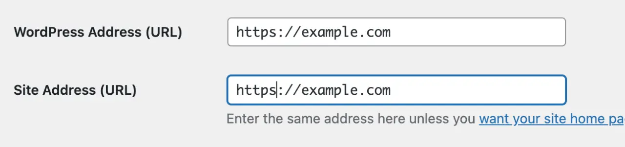 WordPress Address (URL) and Site Address (URL) fields with https URLs
