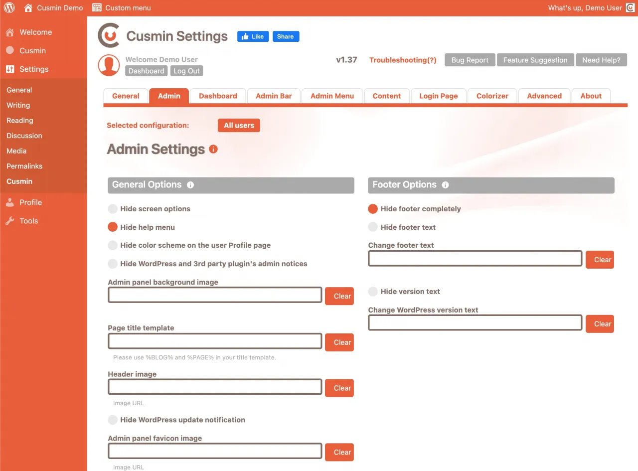 Admin settings in the Cusmin plugin for WordPress