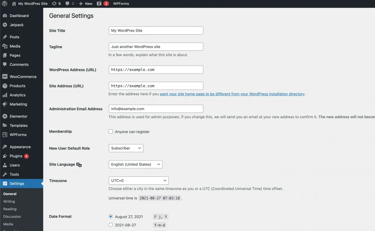 WordPress Settings page showing generic styles with gray color scheme