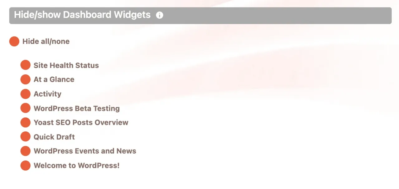 Cusmin showing options to hide WordPress Dashboard widgets