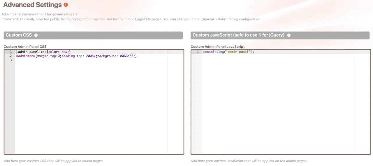 Cusmin CSS and JavaScript editor form for adding custom code to WordPress Dashboard