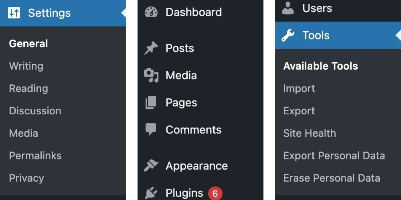 Examples of the default admin menu that contain menu items not needed for regular users