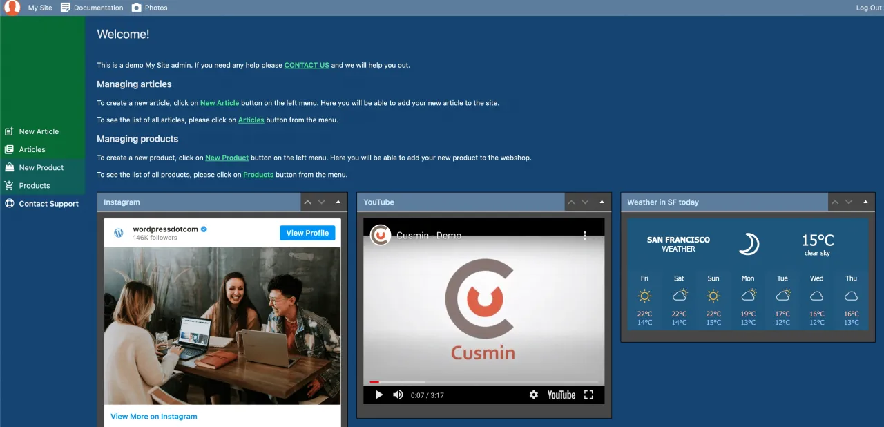 WordPress Dashboard page customized with Cusmin
