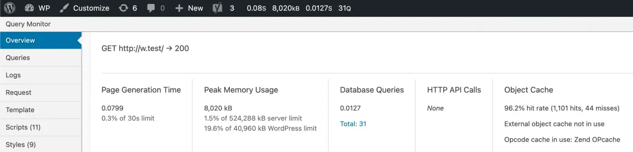 WordPress performance test with Query Monitor