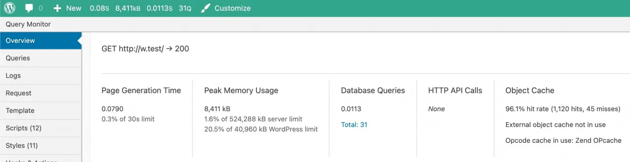 WordPress performance test with Query Monitor when Cusmin plugin is activated