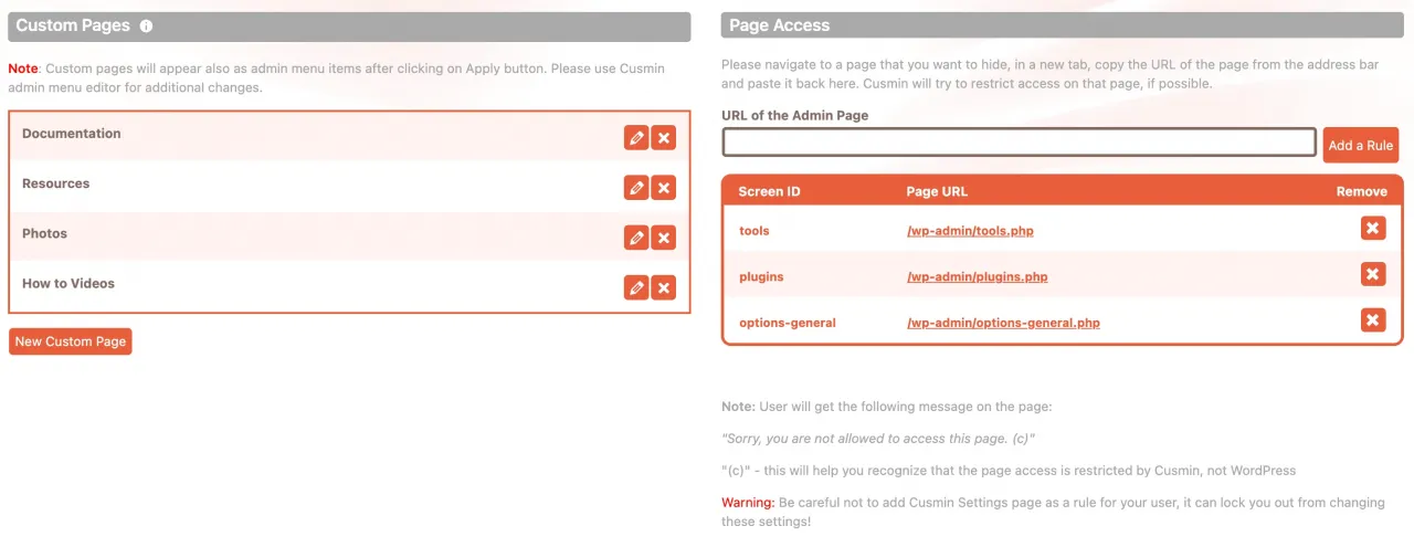 Cusmin settings for adding new WordPress dashboard pages and preventing users to access specific admin pages