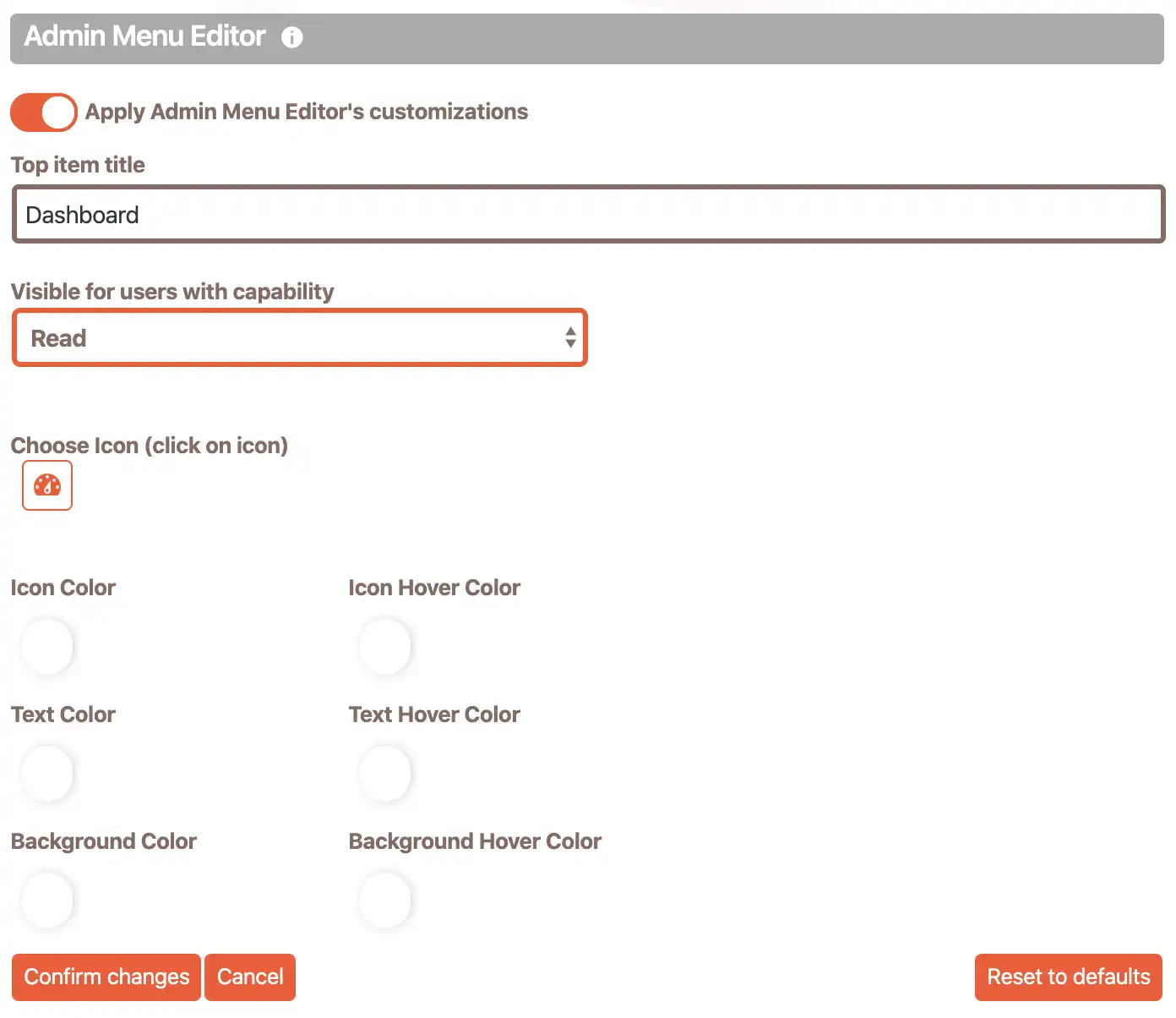 WordPress Admin menu item editing mode