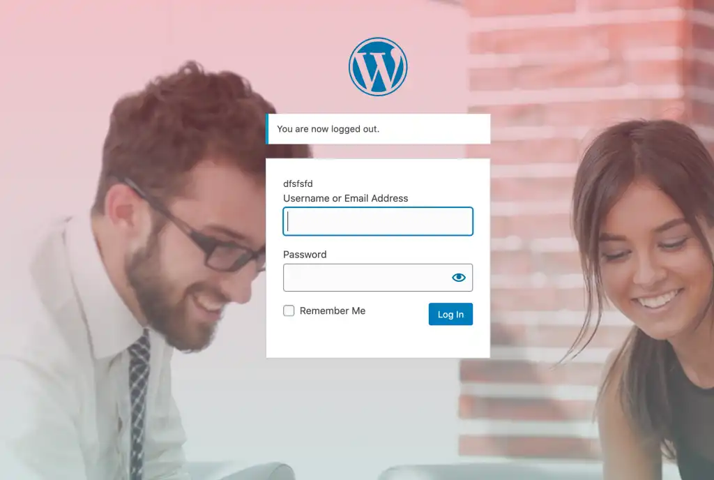 Man and woman working together on laptop an smiling, login page with background gradient