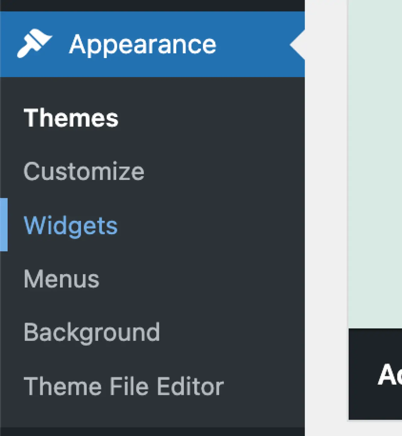 Widgets link in the admin menu