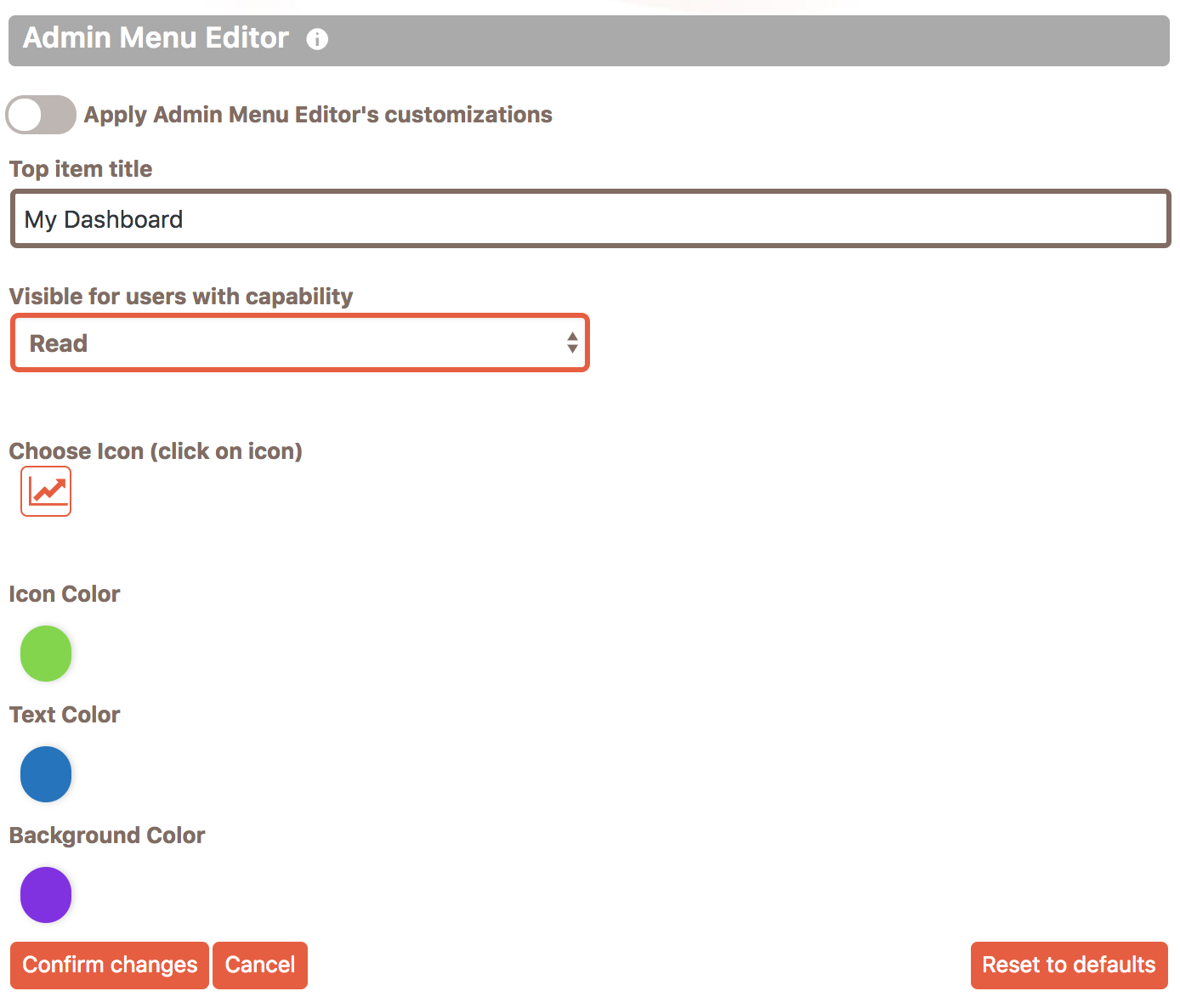 Editing form of a specific top menu item in Cusmin Admin Menu Editor