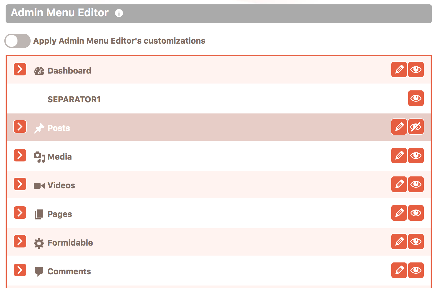 Admin menu editor with the list of menu items in Cusmin