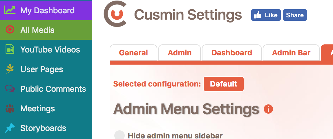 An example of the customized admin menu with Cusmin