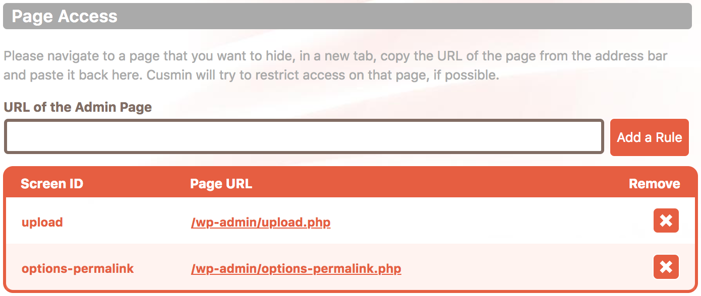Setting WordPress dashboard page security in Cusmin