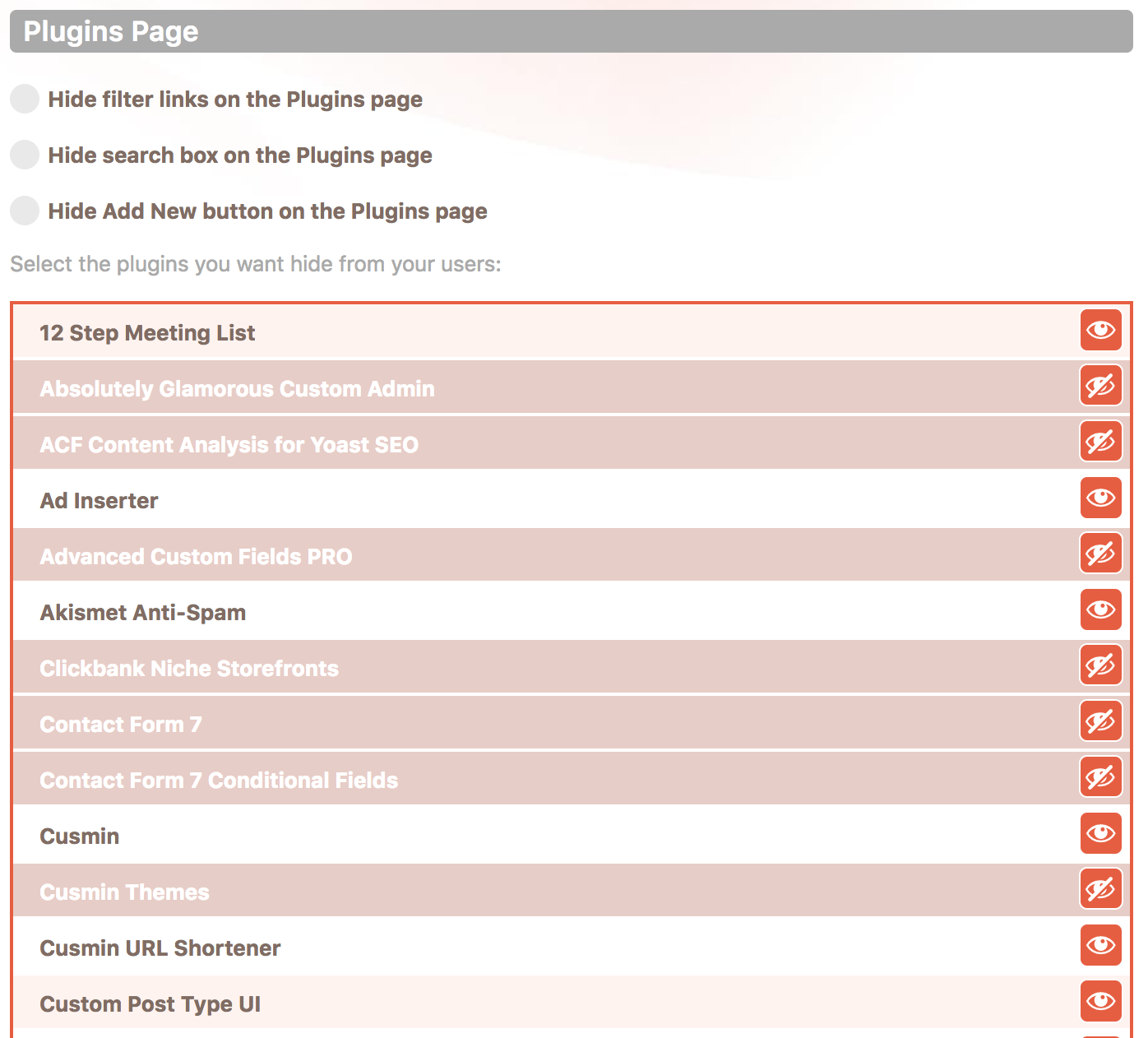 Hiding plugins from the WordPress plugins page in Cusmin