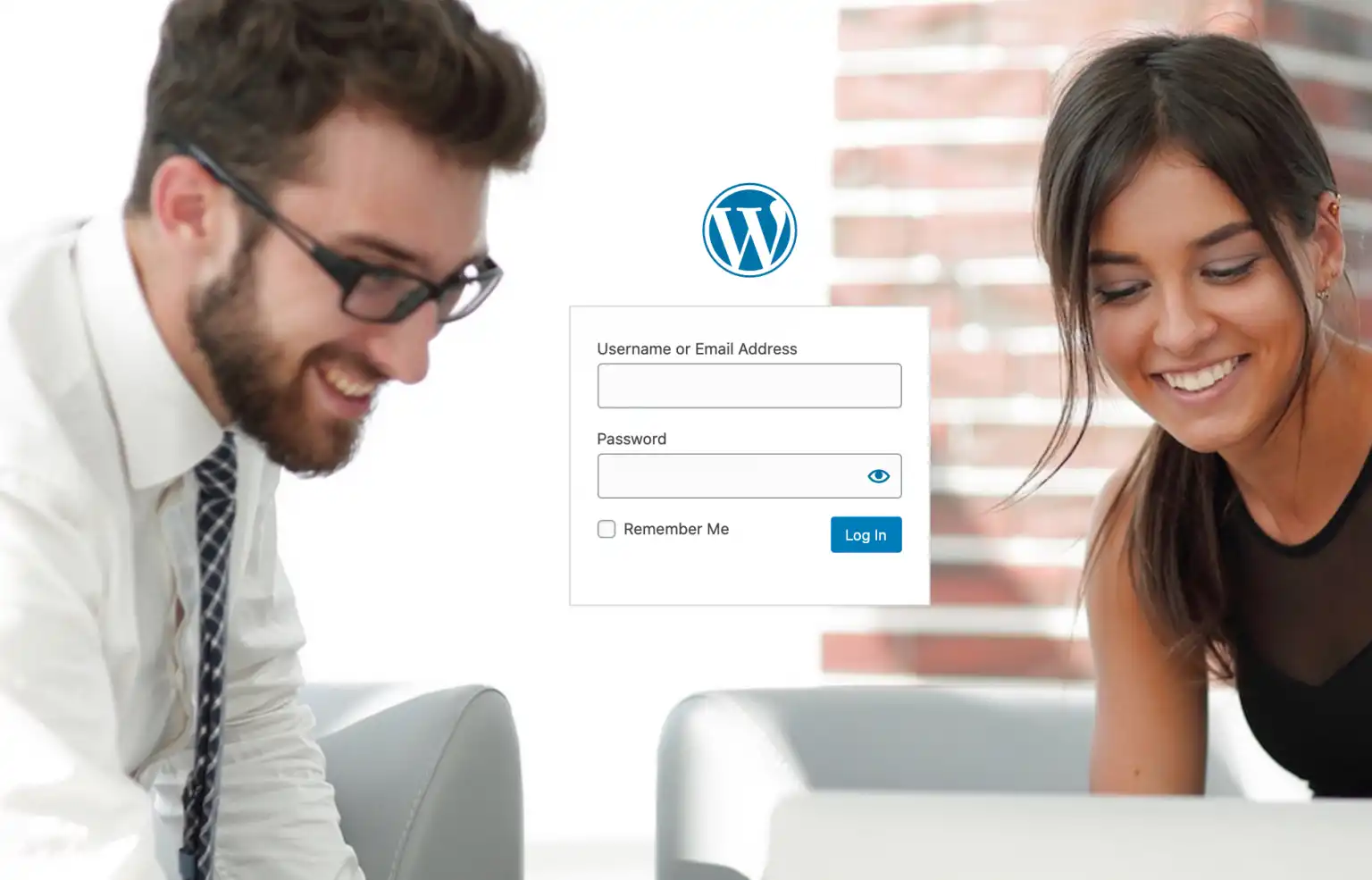 Man and woman working together on a laptop and smiling as background on the login page