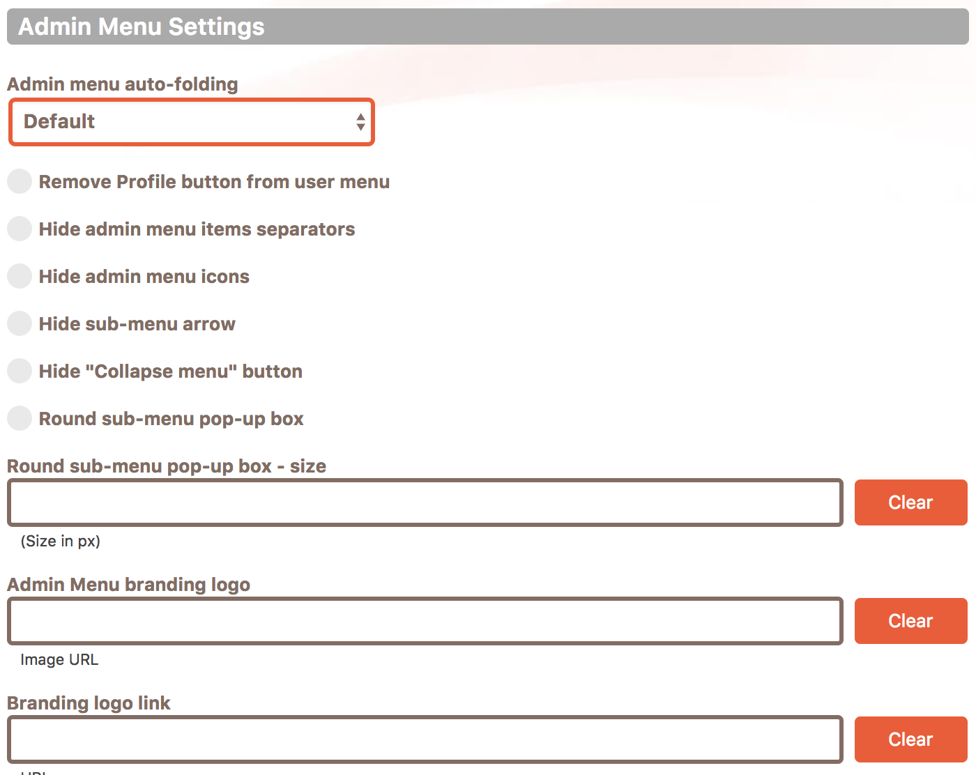 Admin menu settings in the Cusmin Admin menu editor