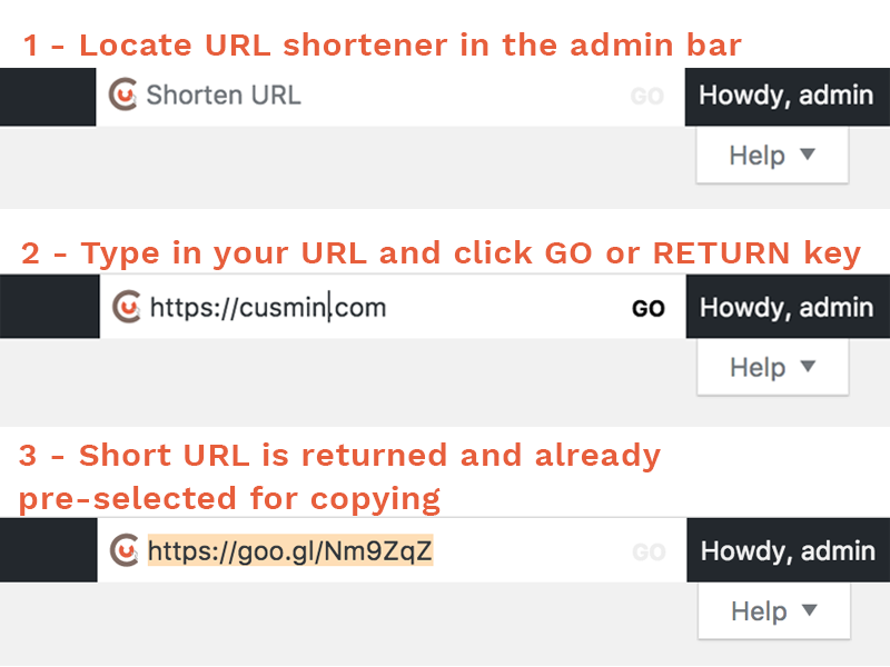 Cusmin URL Shortening tool inside WordPress admin bar