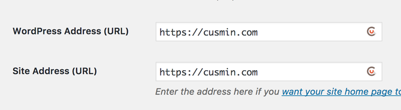 WordPress Settings page showing Cusmin URL Shortening button