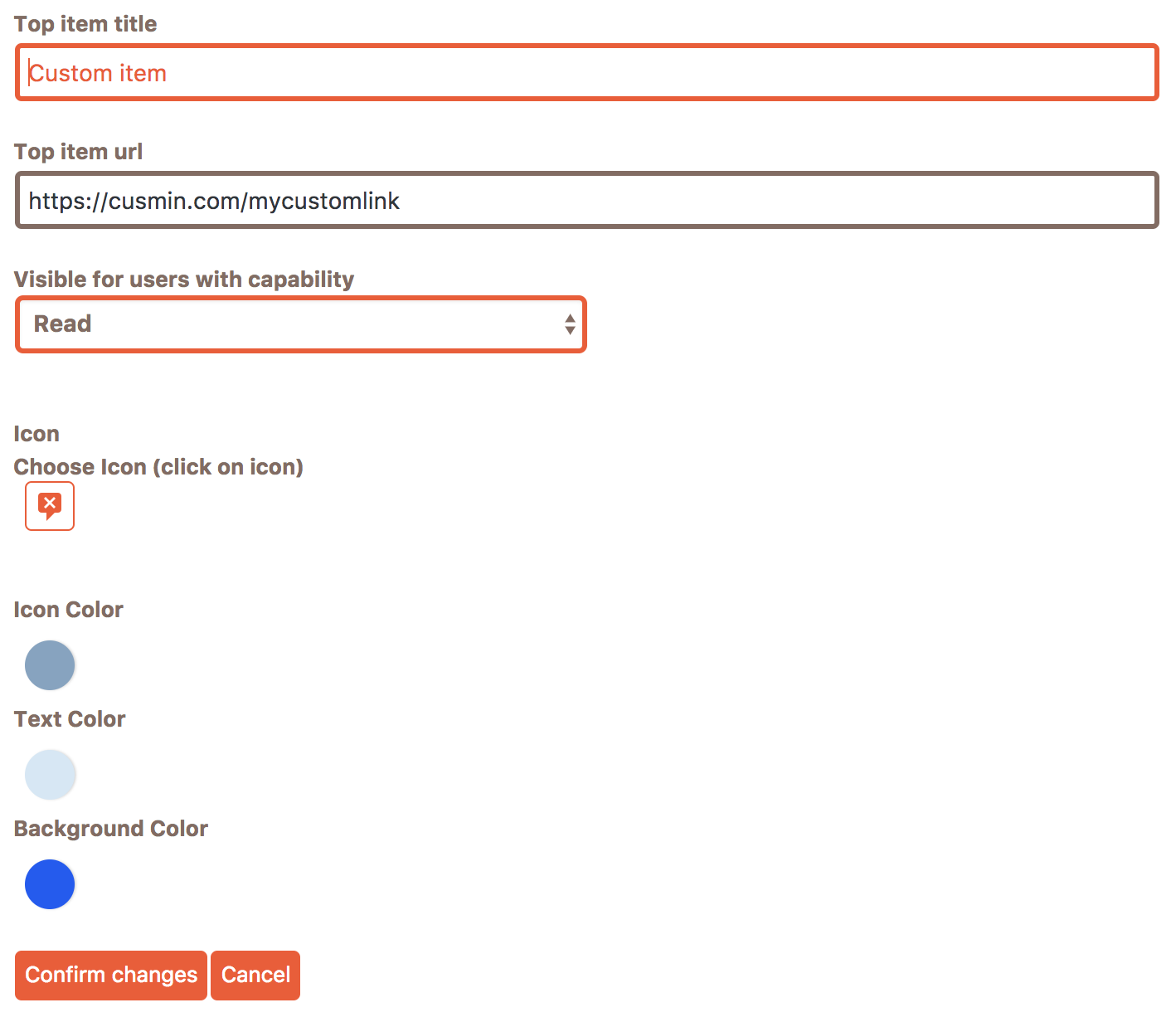 Editing form of the Cusmin Admin menu editor