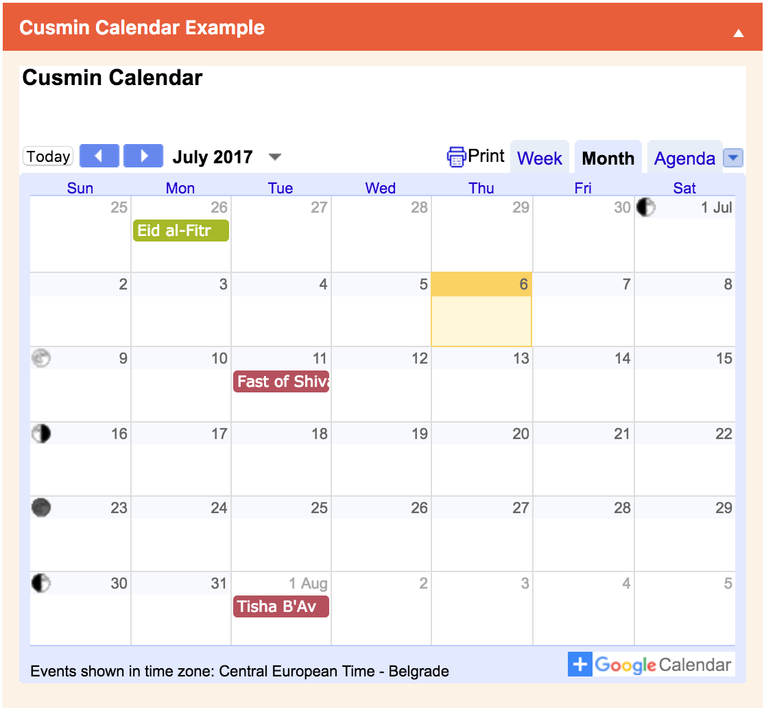 Screenshot of the Cusmin Calendar made with Google Calendar