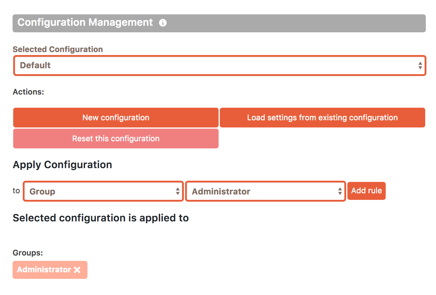 Configuration management section in Cusmin with options for adding, deleting or renaming configurations and with options for access management