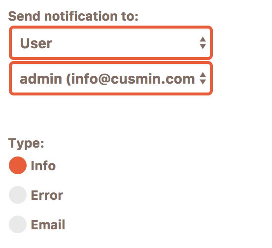 Form for setting the notification type of the WordPress admin notifications in Cusmin plugin