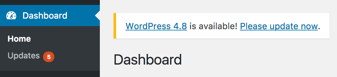 WordPress update notification showing above the Dashboard heading in the admin dashboard