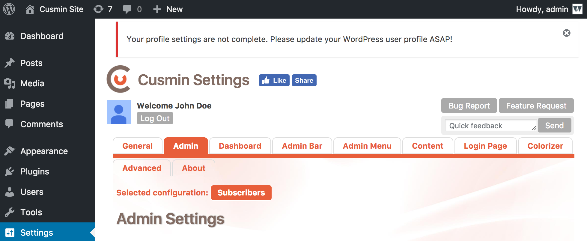 Example of the WordPress error notification made in Cusmin plugin