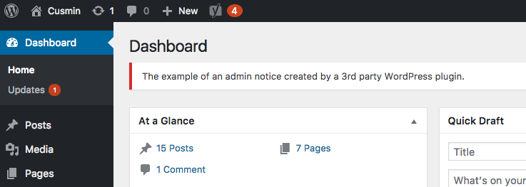 WordPress Admin notification error example showing above the content in the admin dashboard