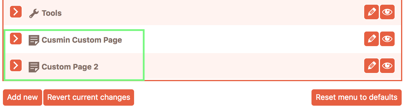 Custom admin pages showing in the Cusmin admin menu editor, ready for further customizing